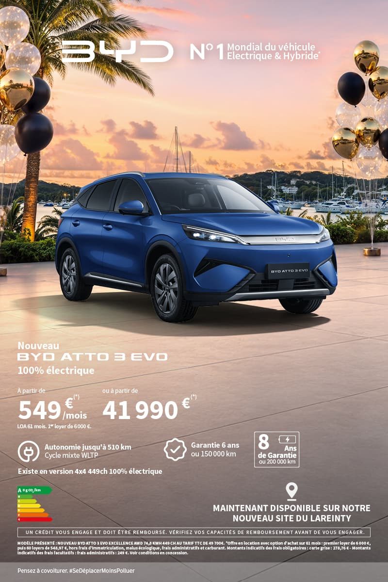 BYD ATTO 3 EVO 100 % électrique à partir de 549 €/mois ou 41 990 € - campagne anniversaire BYD