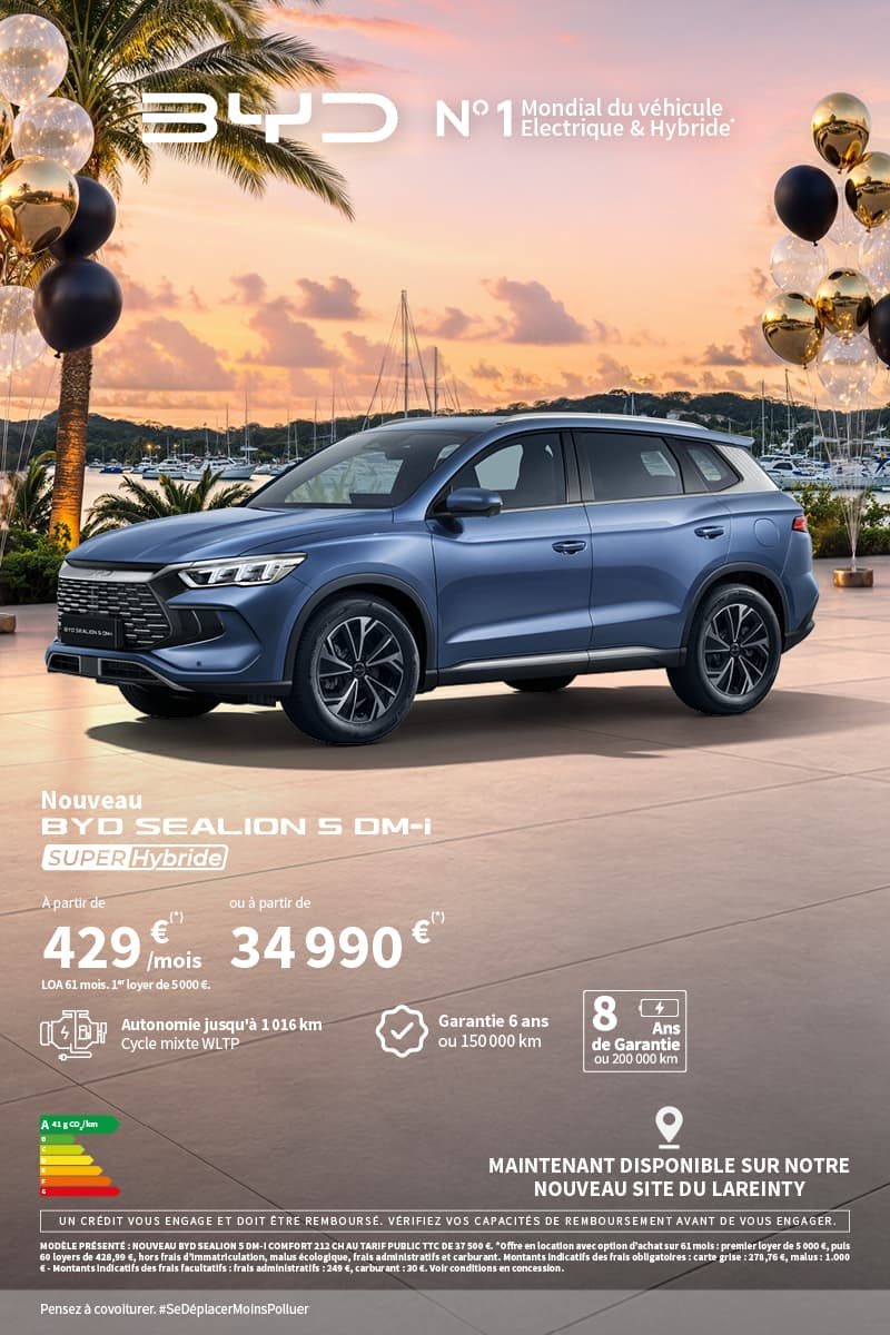 BYD SEALION 5 DM-i Super Hybride à partir de 429 €/mois ou 34 990 € - campagne anniversaire BYD