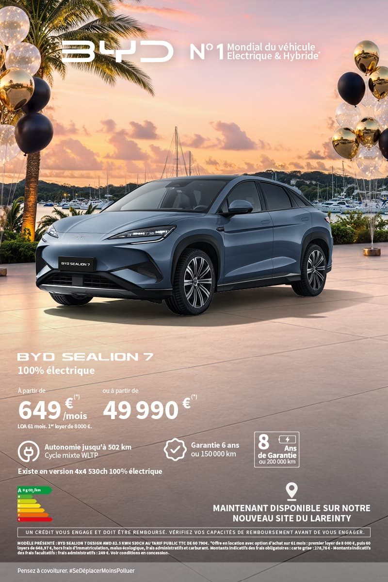 BYD SEALION 7 100 % électrique à partir de 649 €/mois ou 49 990 € - campagne anniversaire BYD